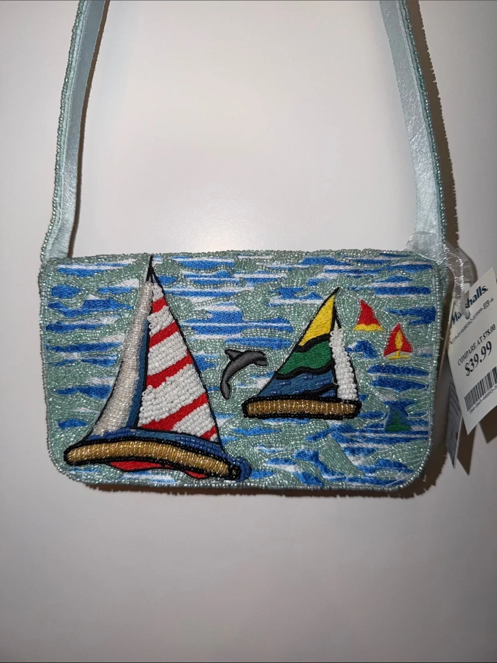 NWT-Viral Beaded Sailboat Crossbody Bag in Light Blue by Marshalls - Picture 1 of 11